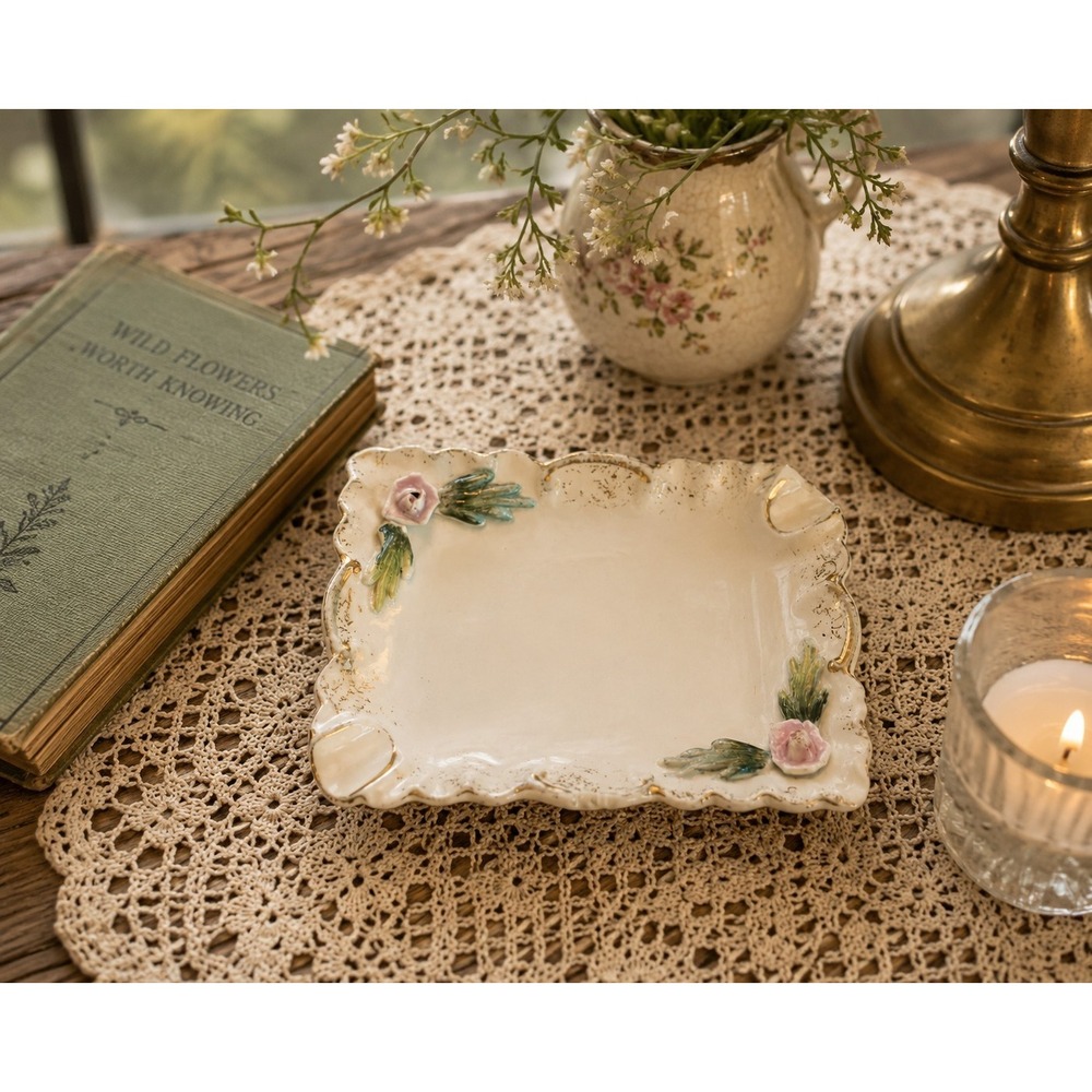 VTG Lefton Pink Gold Trim 3D Applied Flowers Ceramic Ladies Ashtray Victorian